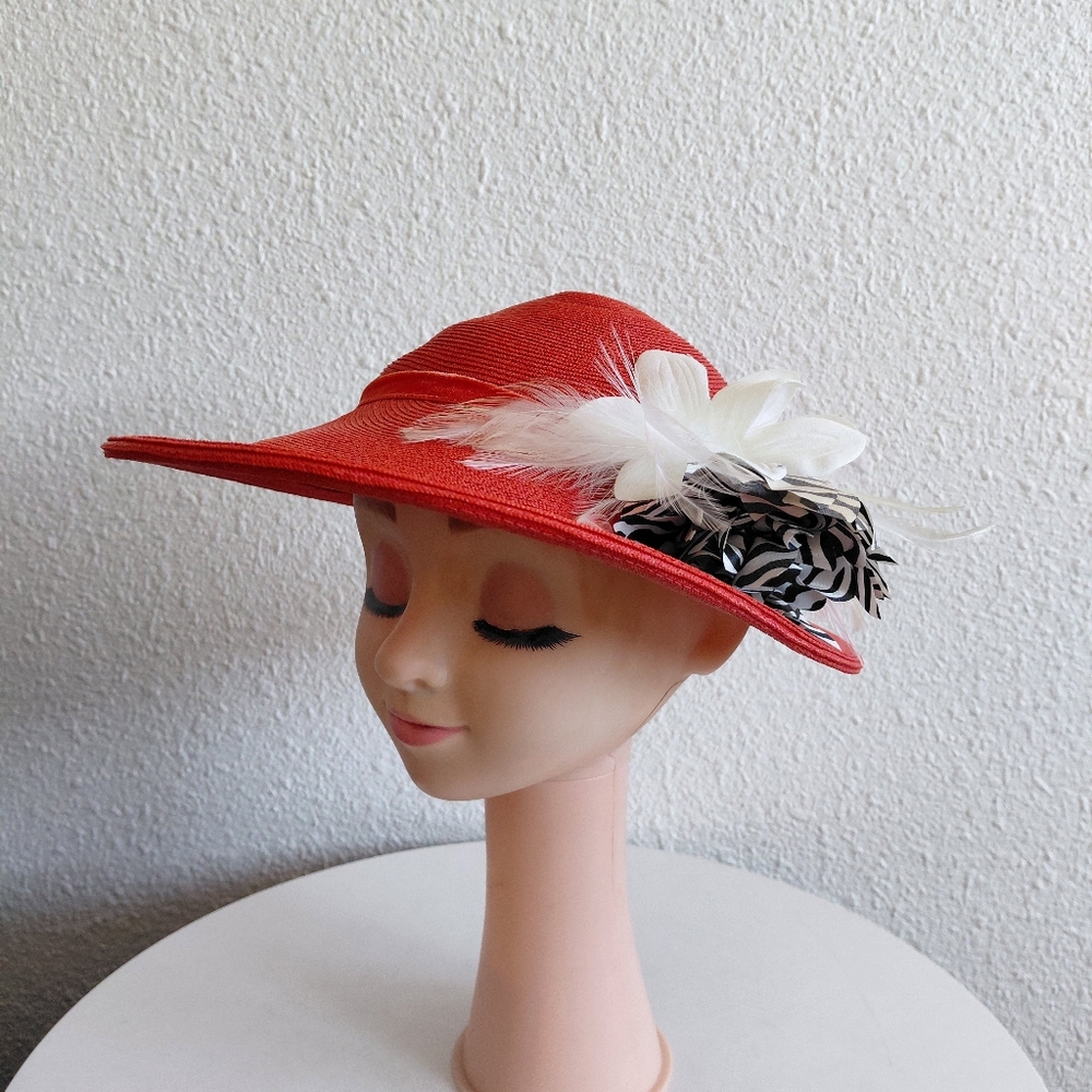 Vintage MC Dolly Madison Womens Special Event Church Red Feathers Hat